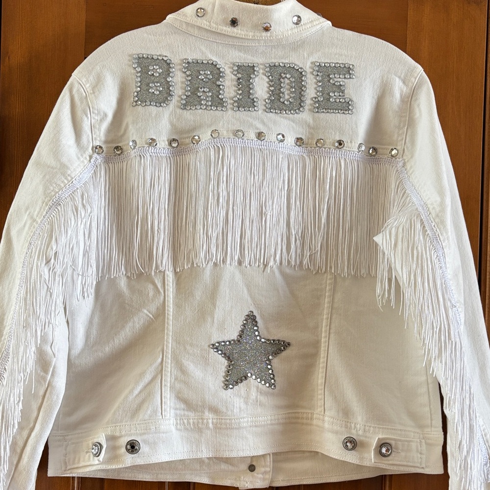 Old Navy White Jean Jacket with Fringe and Silver Accents